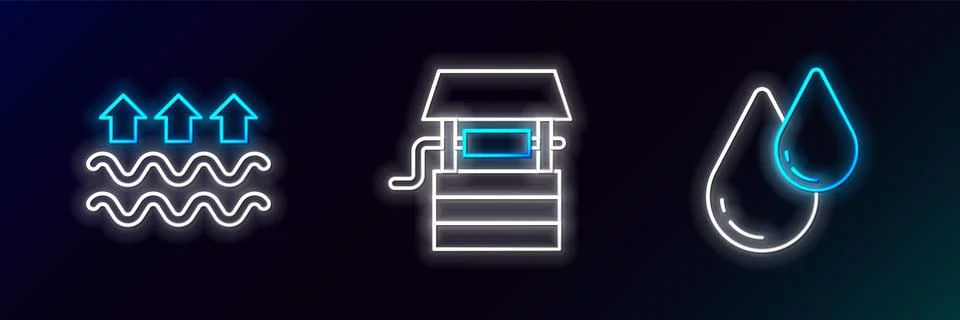 Set line Water drop Waves of water and evaporation and Well with bucket icon. Illustrazione stock