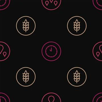 Set line Water drop, Wheat and Clock on seamless pattern. Vector 스톡 일러스트