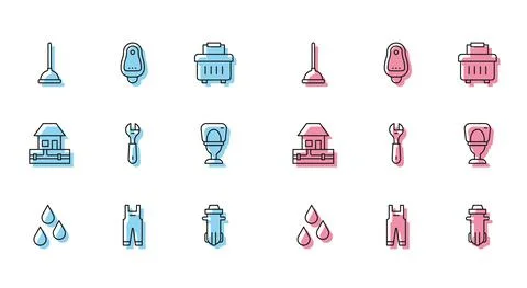 Set line Water drop, Work overalls, Rubber plunger, filter, Wrench spanner Illustration