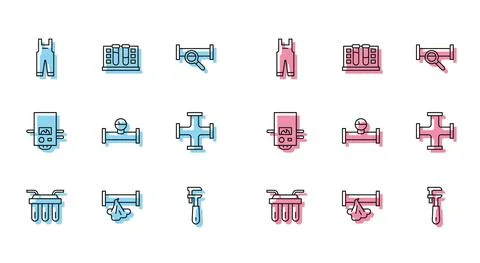 Set line Water filter, Broken pipe, Work overalls, Pipe adjustable wrench Stock Illustration