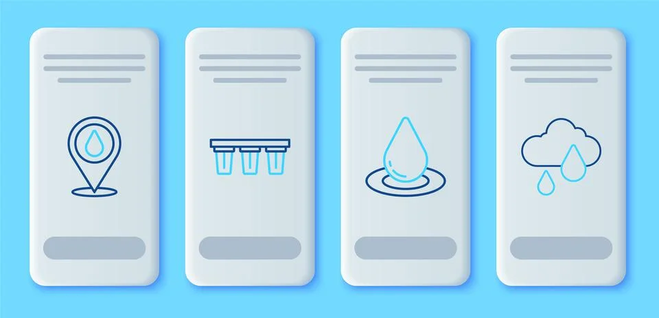 Set line Water filter, drop, with location and Cloud rain icon. Vector Illustrazione stock
