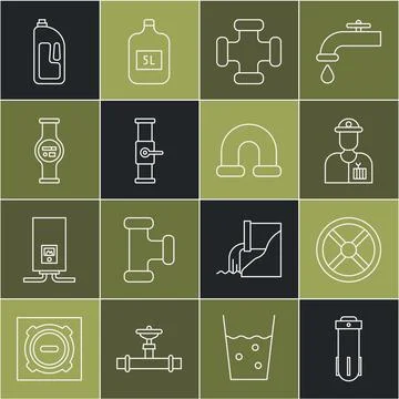 Set line Water filter, Industry valve, Plumber, metallic pipe, and, meter, .. Stock Illustration