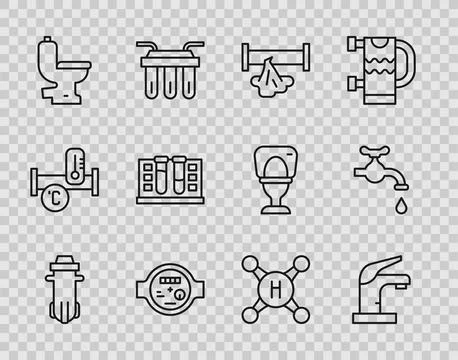 Set line Water filter, tap, Broken pipe, meter, Toilet bowl, Test tube with.. Illustrazione stock