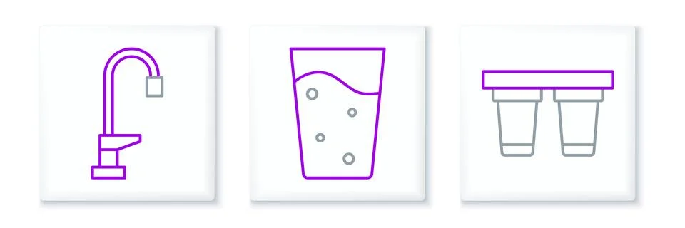 Set line Water filter, tap and Glass with water icon. Vector Stock Illustration