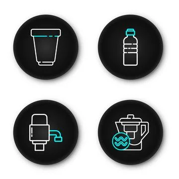 Set line Water jug with a filter, Mechanical pump for water, Bottle of and .. Ilustración de archivo