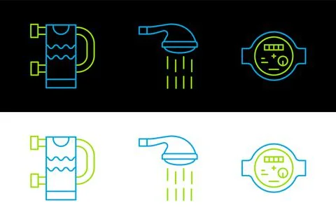 Set line Water meter, Heated towel rail and Shower icon. Vector Stock Illustration