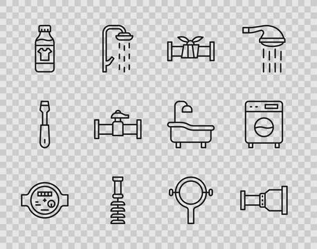 Set line Water meter, Pipe adapter, Industry metallic pipe, Toilet brush, B.. Stock Illustration