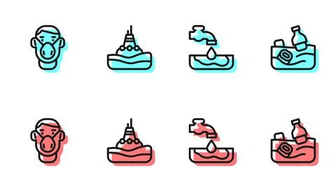 Set line Water problem, Face in protective mask, Floating buoy on the sea and Ilustración de archivo