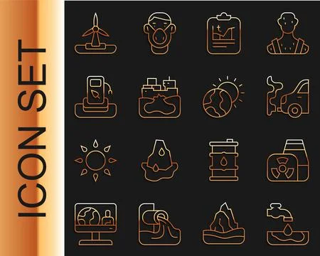 Set line Water problem, Nuclear power plant, Car exhaust, Global warming Stock Illustration