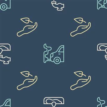 Set line Water problem, Sprout in hand and Car exhaust on seamless pattern Stock Illustration