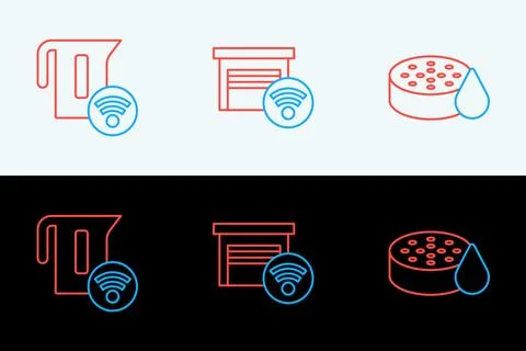 Set line Water sensor, Smart electric kettle and garage icon. Vector Stock Illustration