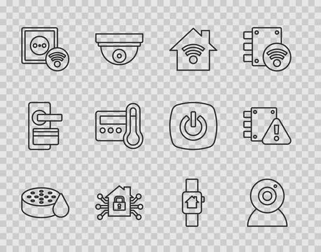 Set line Water sensor, Web camera, Smart home with wi-fi, electrical outlet,  Illustrazione stock