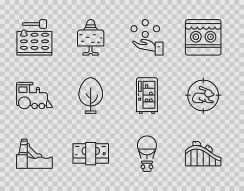 Set line Water slide, Roller coaster, Juggling ball, Stacks paper money cash Stock Illustration