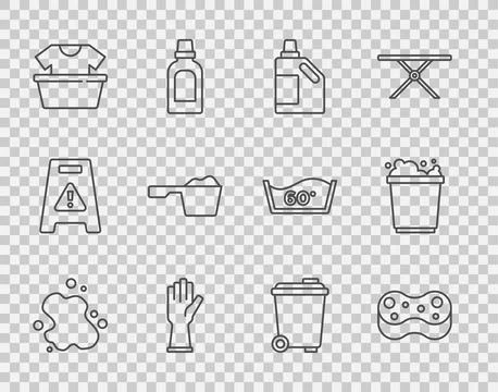Set line Water spill, Sponge, Bottle for cleaning agent, Rubber gloves, Bas.. Stock Illustration