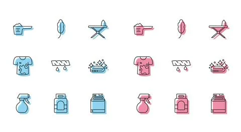 Set line Water spray bottle, Laundry detergent, Washing powder, Washer, Squeeze Stock Illustration