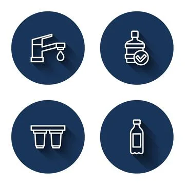 Set line Water tap, Big bottle with clean water, filter cartridge and Bottle  Stock Illustration