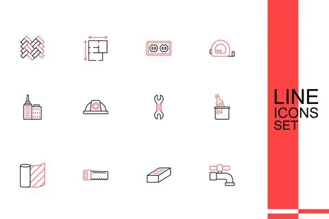 Set line Water tap, Brick, Hand saw, Wallpaper, Paint bucket with brush, Wr.. Stock Illustration