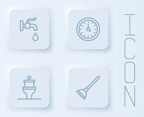 Set line Water tap, Clock, Toilet bowl and Rubber plunger. White square button 스톡 일러스트