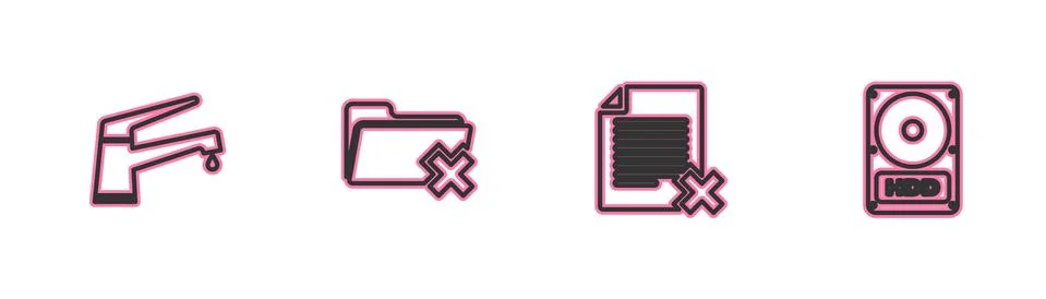 Set line Water tap, Delete file document, folder and Hard disk drive HDD icon Illustrazione stock