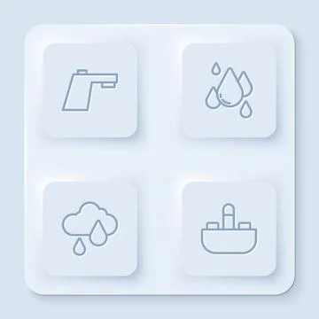 Set line Water tap, drop, Cloud with rain and Washbasin water. White square Illustrazione stock