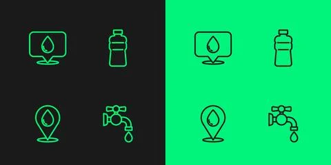 Set line Water tap, drop with location, and Bottle of water icon. Vector Illustrazione stock