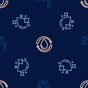 Set line Water tap, drop and Recycle clean aqua on seamless pattern. Vector イラスト素材