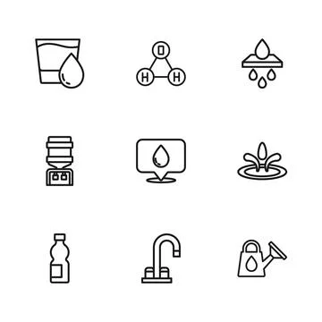 Set line Water tap, drop, Watering can, with location, filter cartridge, Gl.. Ilustração Stock