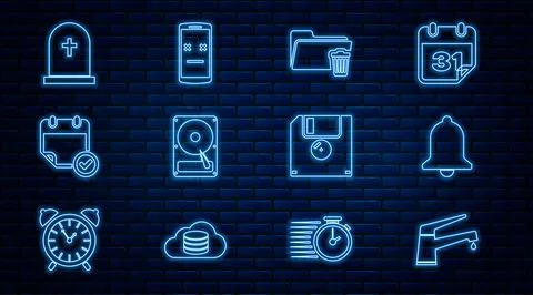 Set line Water tap, Ringing bell, Delete folder, Hard disk drive HDD, Calenda Stock Illustration
