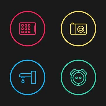 Set line Water tap, Robot vacuum cleaner, Photo camera and Graphic tablet icon Stock Illustration