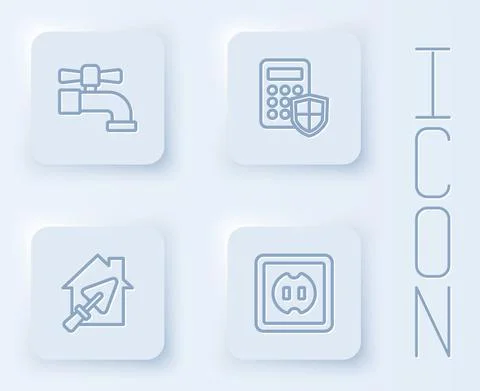 Set line Water tap, Security keypad access panel, House with trowel and Ilustración de archivo