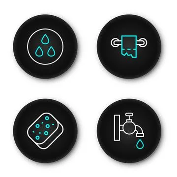 Set line Water tap, Sponge, Toilet paper roll and drop icon. Vector 库存插图