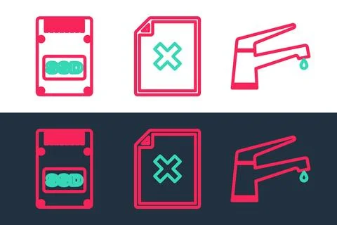 Set line Water tap, SSD card and Delete file document icon. Vector イラスト素材