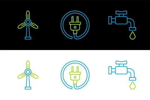 Set line Water tap, Wind turbine and Electric plug icon. Vector イラスト素材