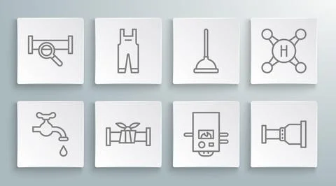 Set line Water tap, Work overalls, Industry metallic pipe, Gas boiler, Pipe.. Stock Illustration