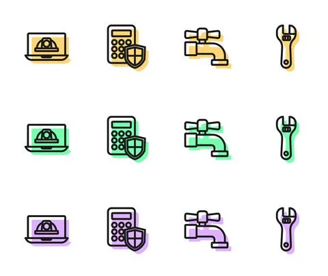 Set line Water tap, Worker safety helmet, Security keypad access panel and Illustrazione stock