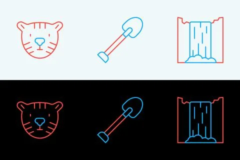 Set line Waterfall, Tiger head and Shovel icon. Vector Stock Illustration