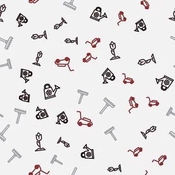 Set line Watering can, Flower tulip, Garden rake and Lawn mower on seamless.. Stock Illustration