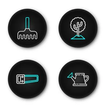 Set line Watering can, Hand saw, Tree and Garden rake icon. Vector Stock Illustration