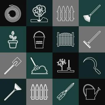Set line Watering can, Sickle, Garden rake, fence, Bucket, Flowers pot, hose or Illustration