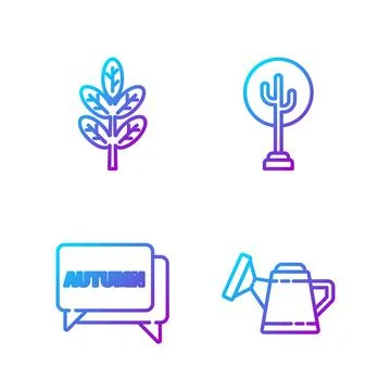 Set line Watering can, Speech bubble with text autumn, Leaf or leaves and Tree Stock Illustration
