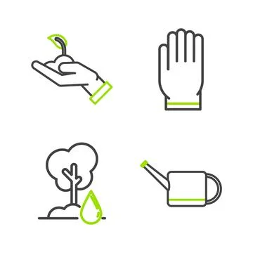 Set line Watering can, Tree, Garden gloves and Sprout hand of environmental.. Illustrazione stock