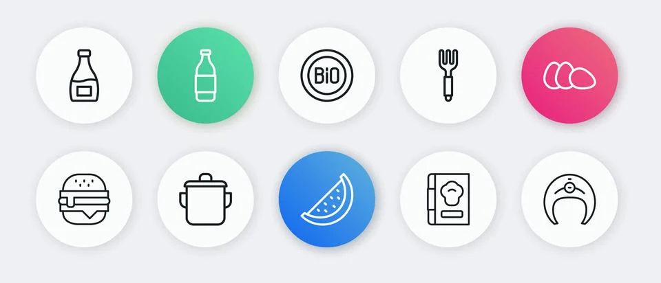 Set line Watermelon, Chicken egg, Burger, Cookbook, Fork, Banner for bio, F.. Stock Illustration