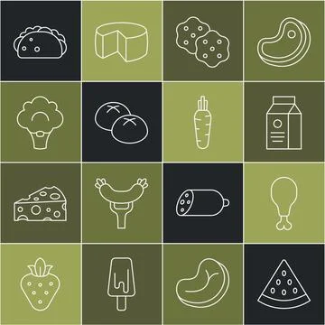 Set line Watermelon, Chicken leg, aper package for milk, Cracker biscuit, B.. Stock Illustration