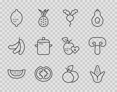 Set line Watermelon, Corn, Radish, Tomato, Lemon, Cooking pot, Mango fruit and Stock Illustration