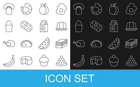Set line Watermelon, Piece of cake, Jelly, Plum fruit, Cracker biscuit, Chicken Stock Illustration