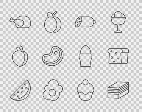 Set line Watermelon, Piece of cake, Salami sausage, Scrambled egg, Roasted .. Illustrazione stock
