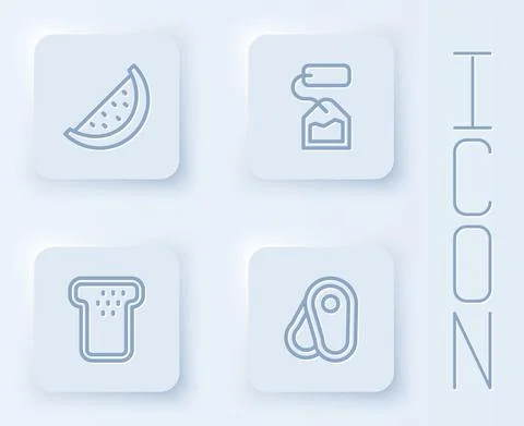 Set line Watermelon, Tea bag, Bread toast and Steak meat. White square button Stock Illustration