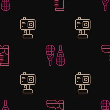 Set line Waterproof rubber boot, Action camera and Snowshoes on seamless pattern Illustrazione stock