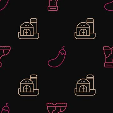 Set line Waterproof rubber boot, Farm house and Eggplant on seamless pattern Stock Illustration