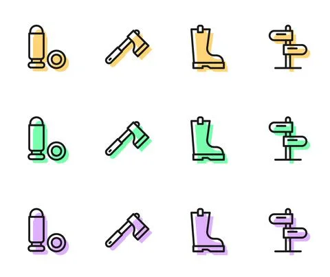 Set line Waterproof rubber boot, Bullet, Wooden axe and Road traffic sign icon Illustration